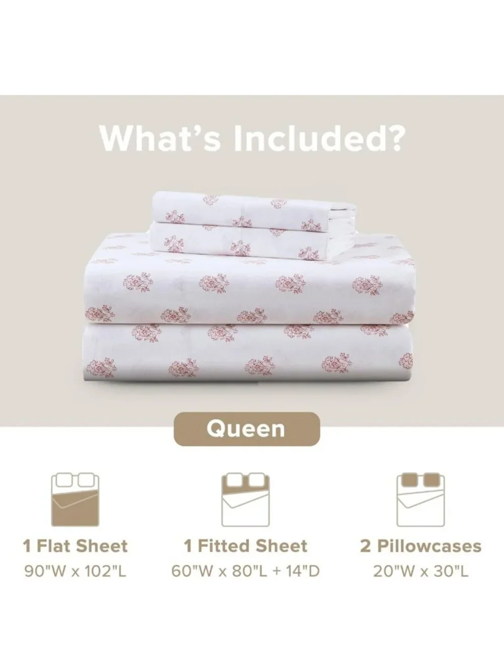 Soft Floral Pink 100% Cotton Queen Sheet Set - Breathable, Cool, Fits 14